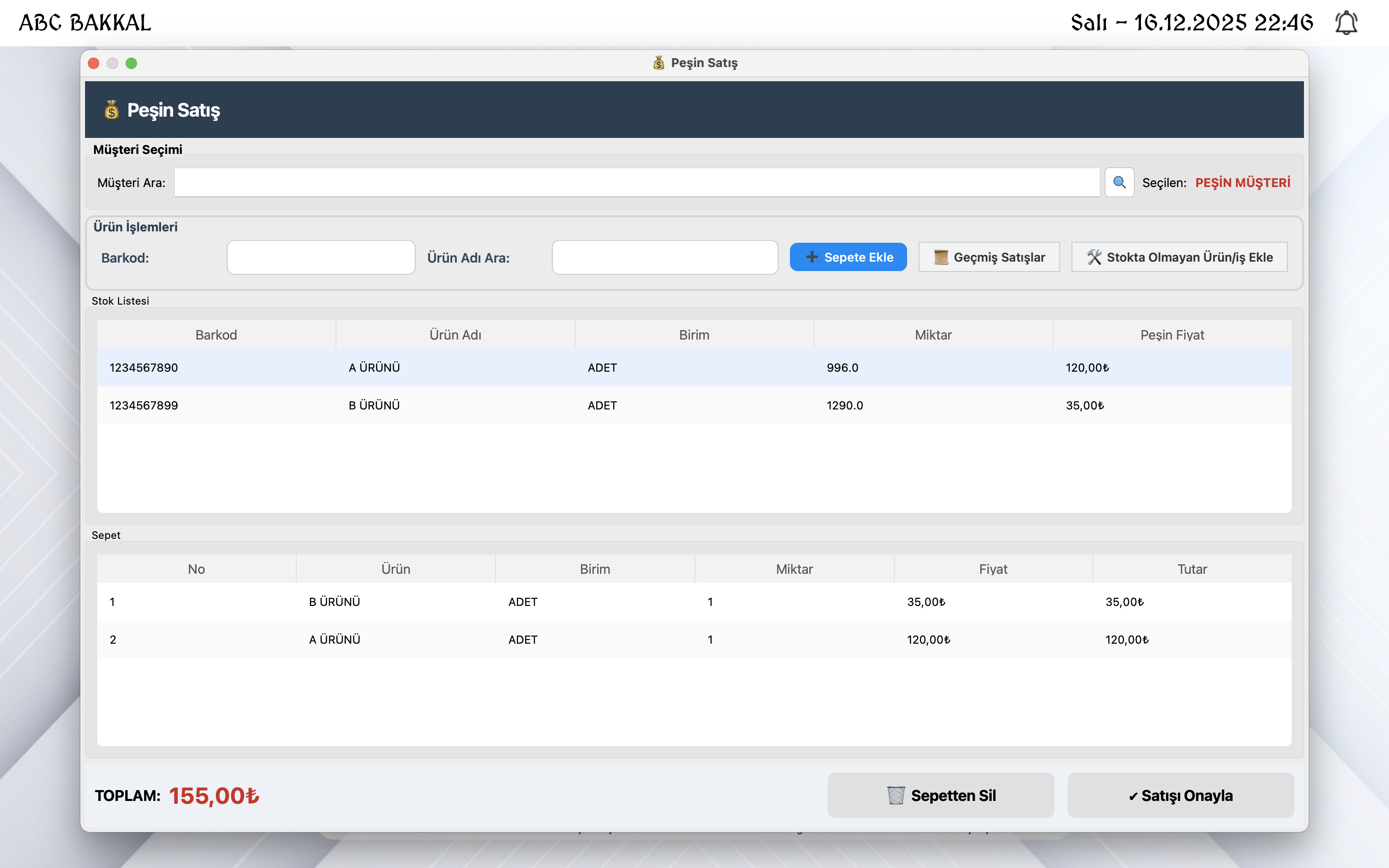QerzLog peşin satış ekranı